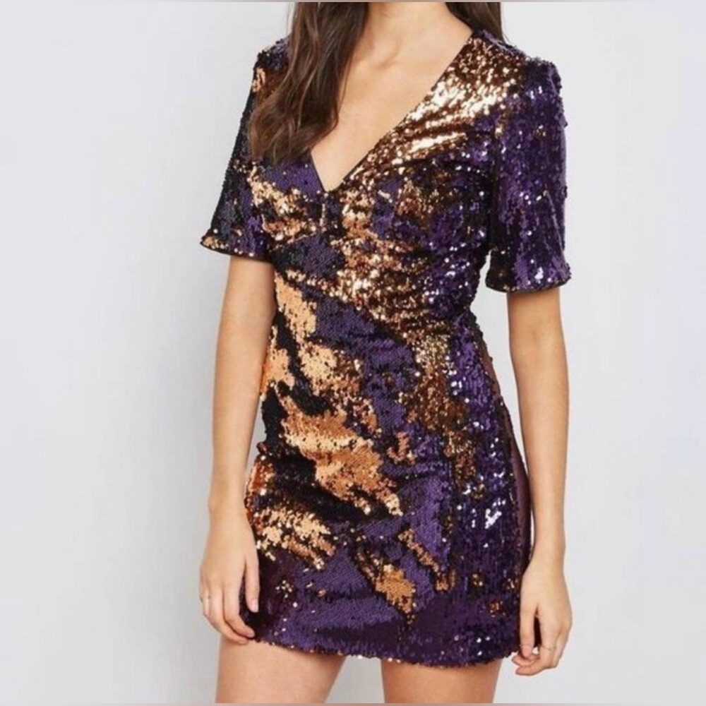BARDOT Two Tone Sequin Mini Dress in Purple and Gold